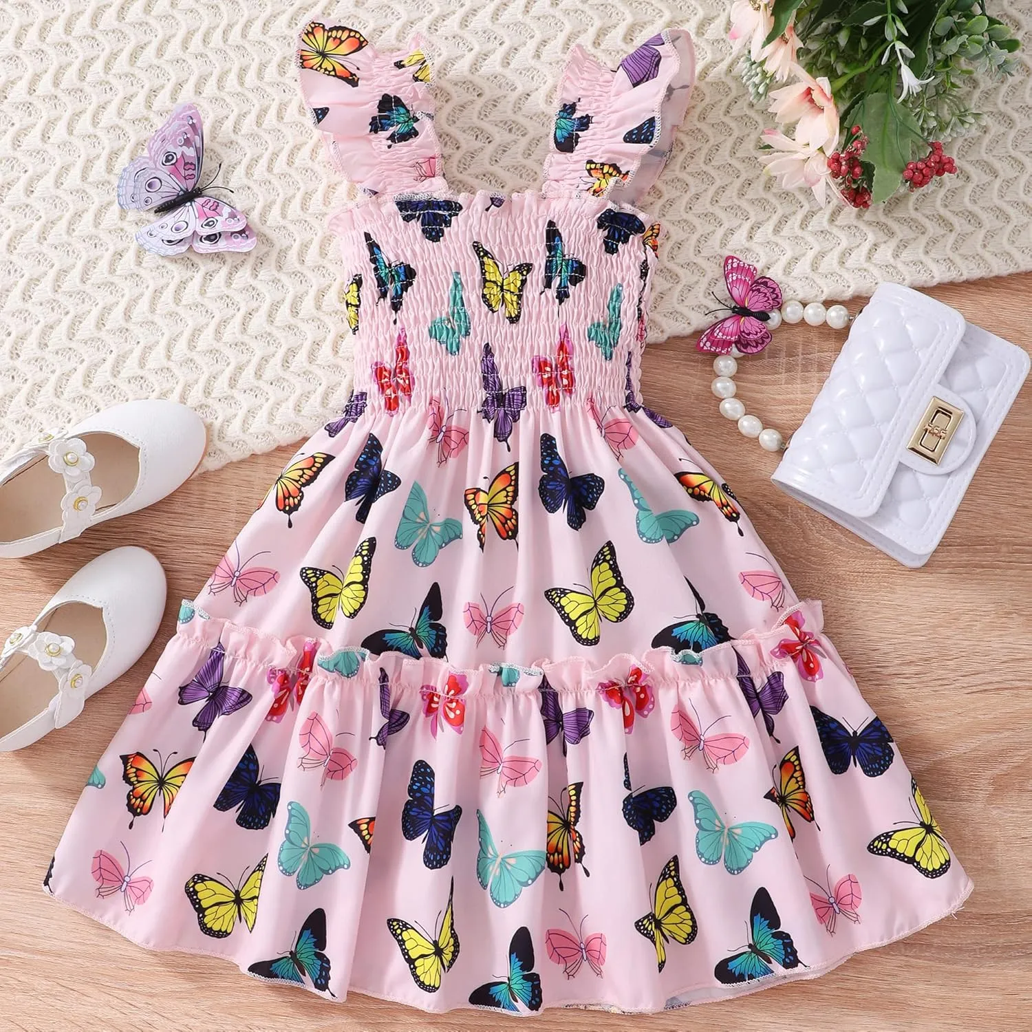 RETSUGO Little Girls Dresses Flutter Sleeve Casual Birthday Party Dress Toddler Kids Swing Twirly Summer Sundress 1-8 Years