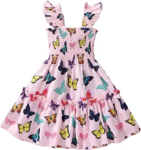 RETSUGO Little Girls Dresses Flutter Sleeve Casual Birthday Party Dress Toddler Kids Swing Twirly Summer Sundress 1-8 Years