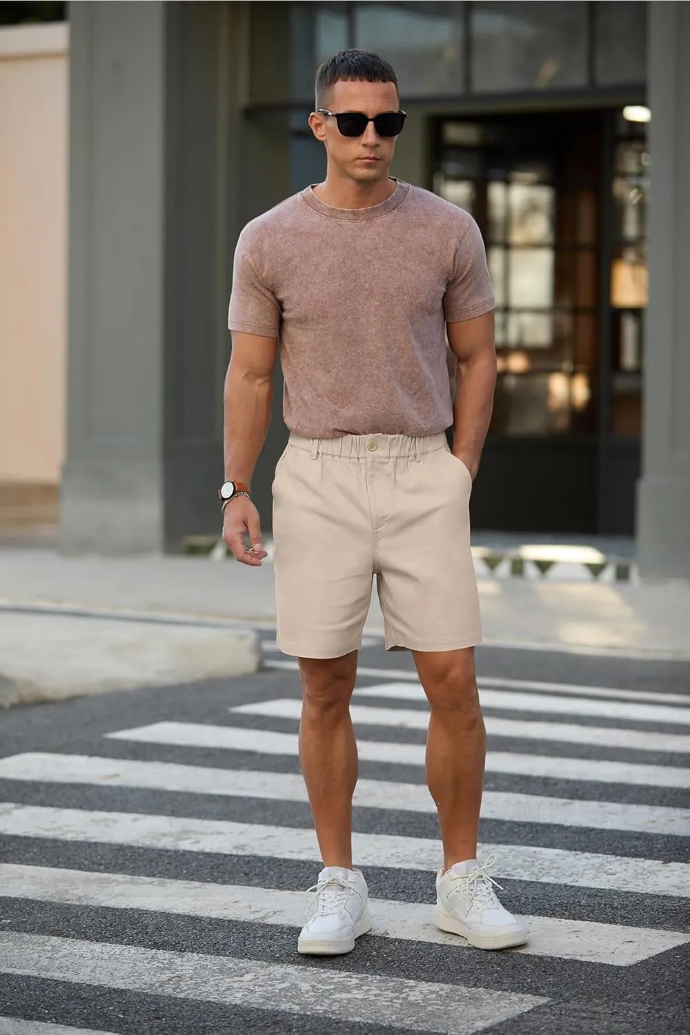RQP Men's Cotton Casual Classic-fit 7" Chino Shorts Elastic Waist Daily Wear Dress Baech Summer Shorts