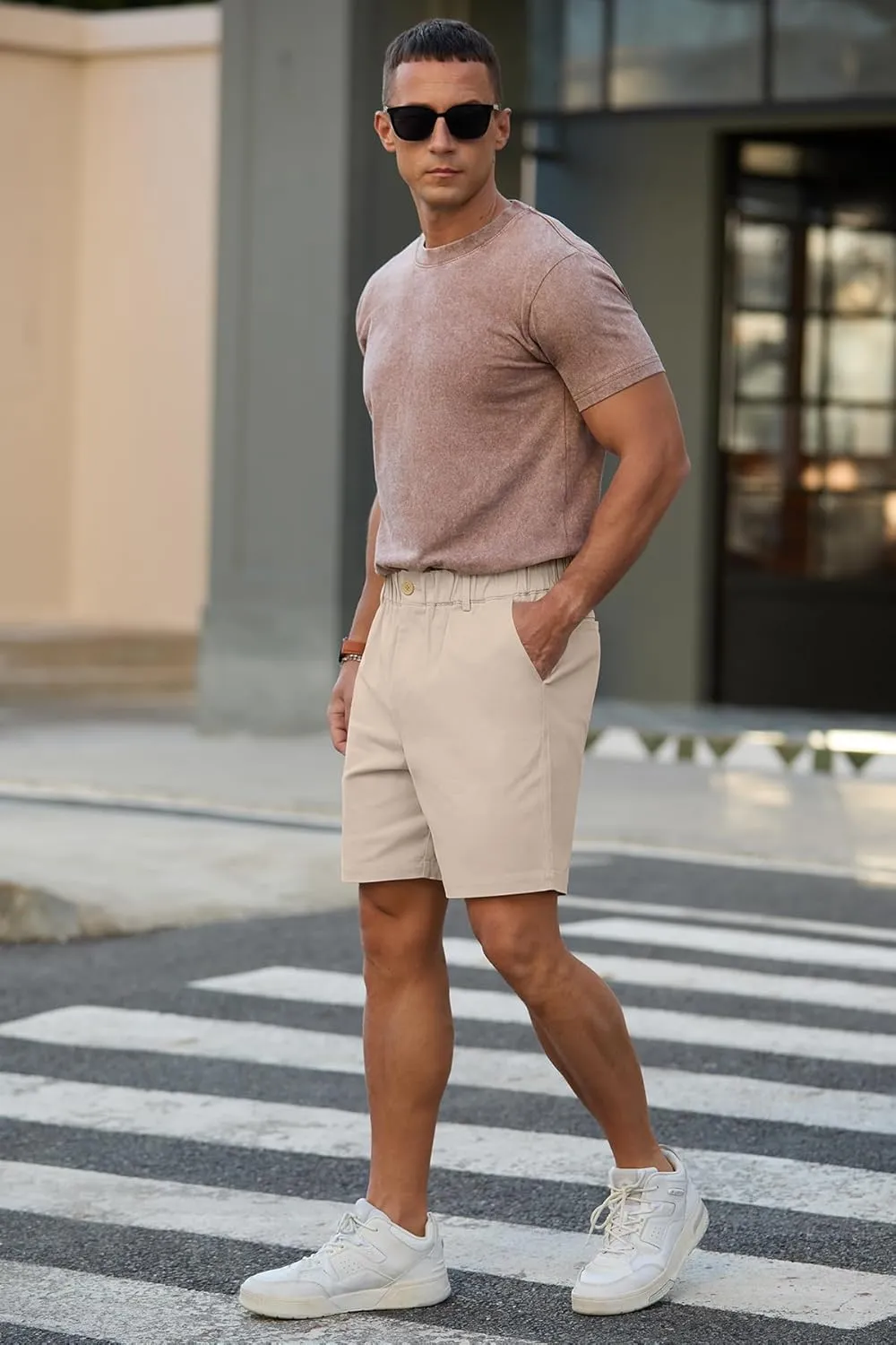 RQP Men's Cotton Casual Classic-fit 7" Chino Shorts Elastic Waist Daily Wear Dress Baech Summer Shorts