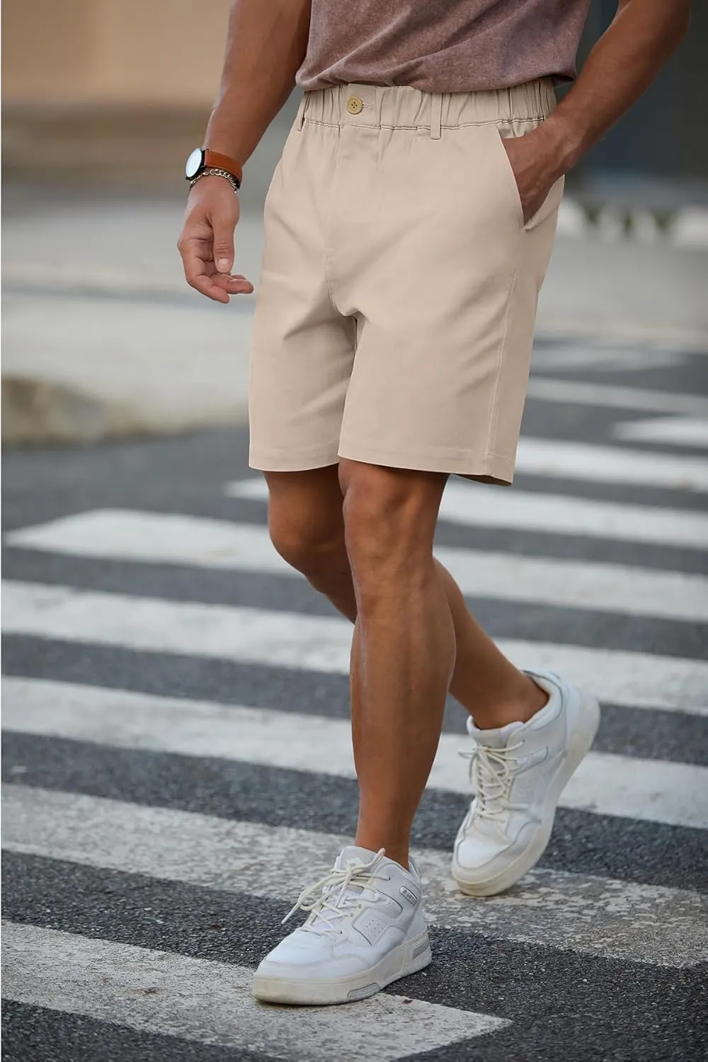 RQP Men's Cotton Casual Classic-fit 7" Chino Shorts Elastic Waist Daily Wear Dress Baech Summer Shorts