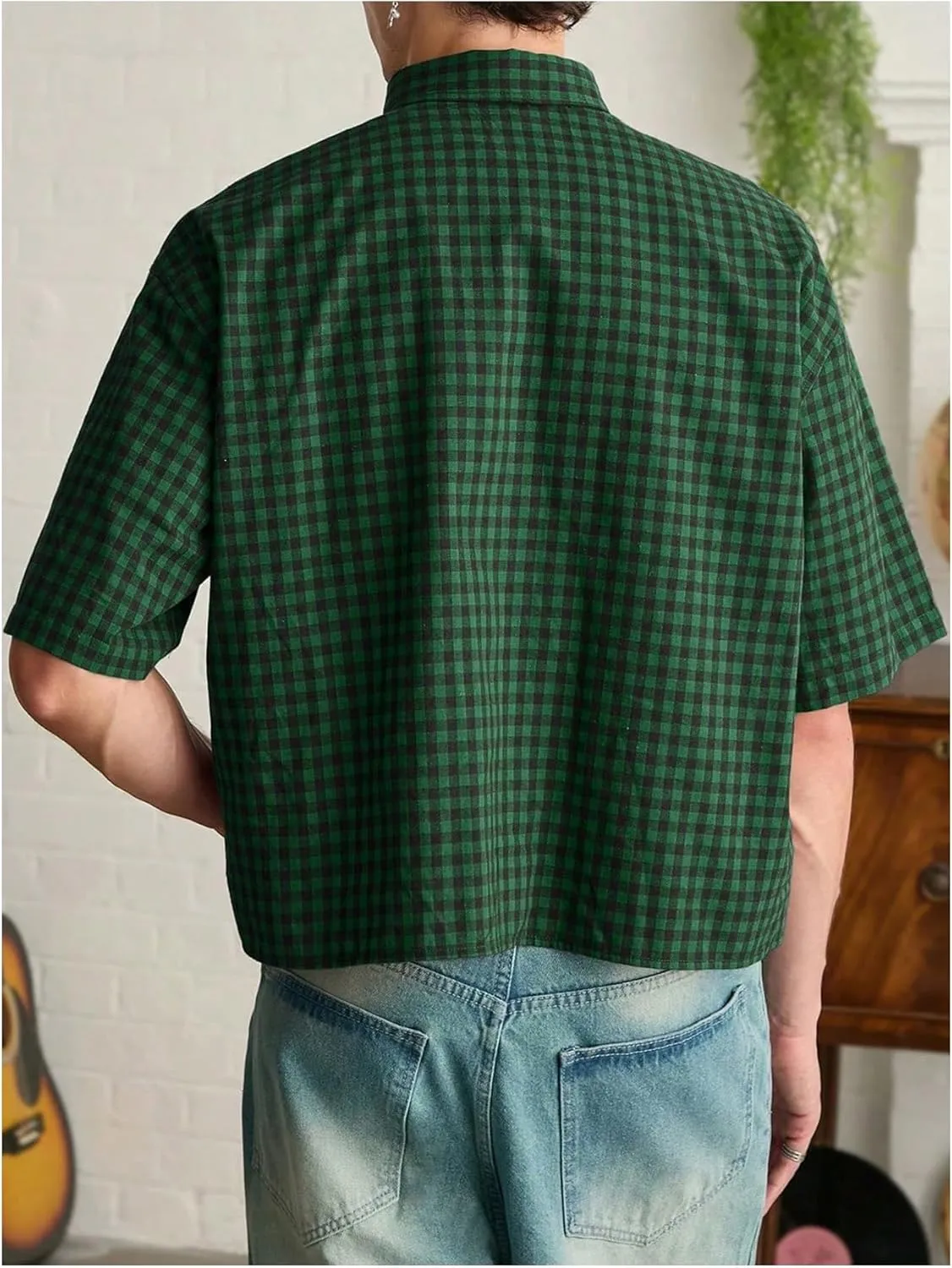 SHENHE Men's Plaid Button Down Short Sleeve Shirt Loose Fit Casual Shirt with Chest Pocket