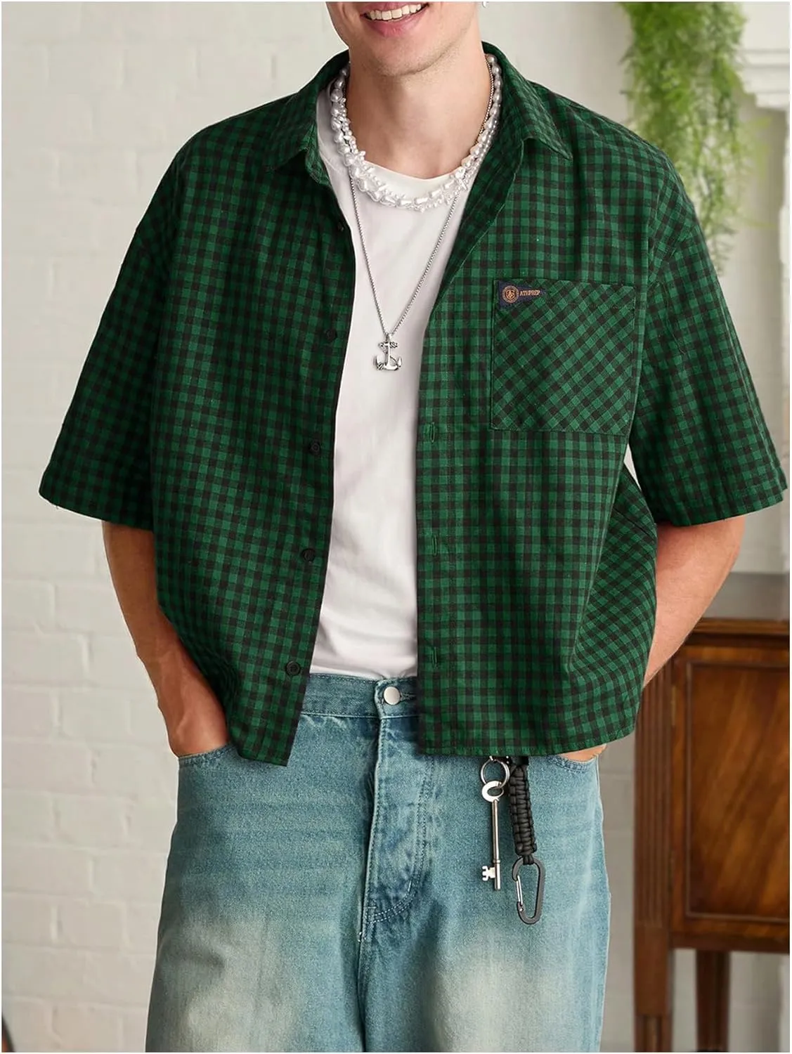SHENHE Men's Plaid Button Down Short Sleeve Shirt Loose Fit Casual Shirt with Chest Pocket