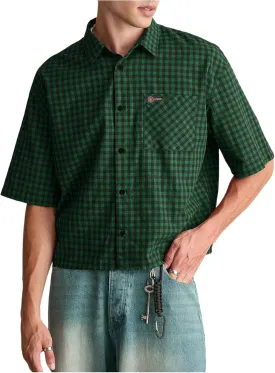 SHENHE Men's Plaid Button Down Short Sleeve Shirt Loose Fit Casual Shirt with Chest Pocket