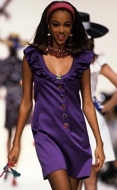 Spring 1992 Yves Saint Laurent Ad Campaign Black Dress w Green & Red Enamel Heart Buttons