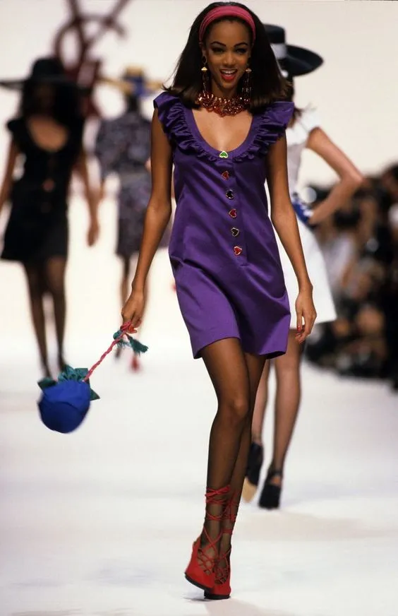 Spring 1992 Yves Saint Laurent Ad Campaign Black Dress w Green & Red Enamel Heart Buttons