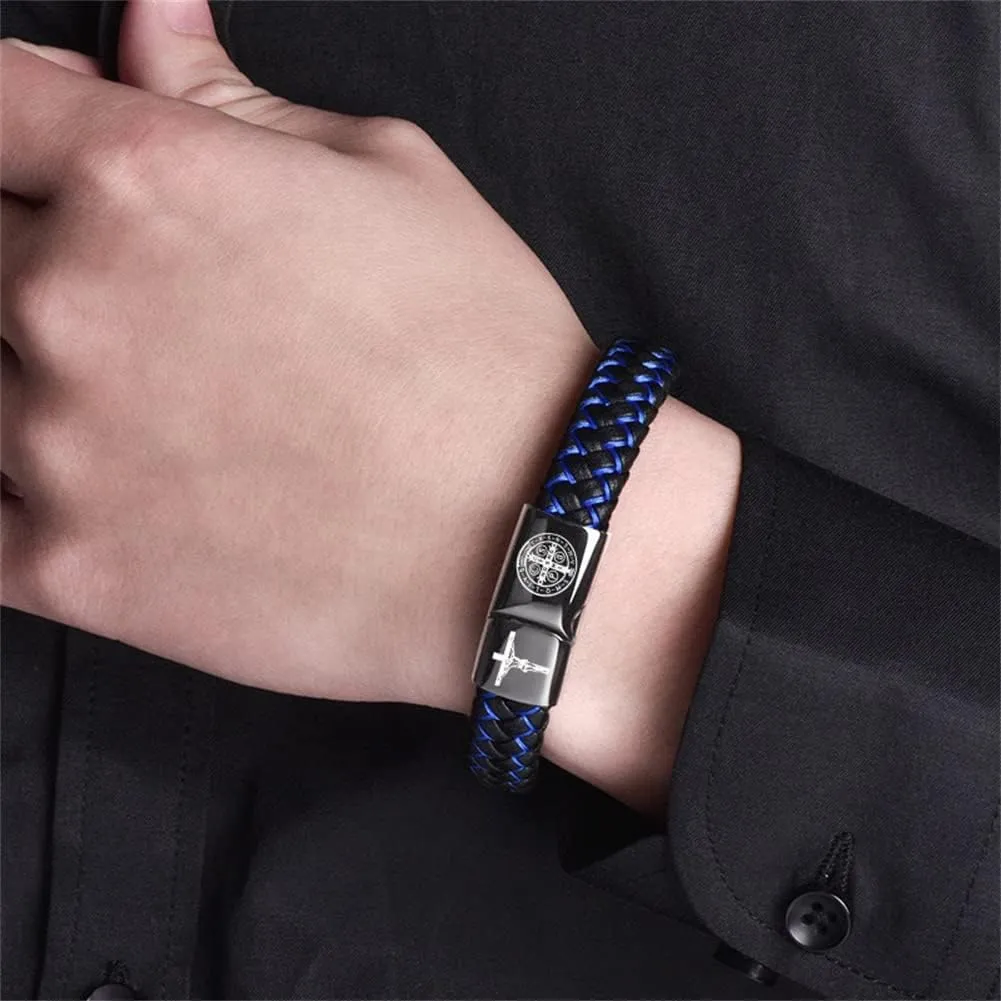 St. Benedict Cross Exorcism Bracelet Stainless Steel Crucifix Cuff Roman Catholic Leather Wristband Bangle Protection Amulet Jewelry Gift for Him, 8.46''