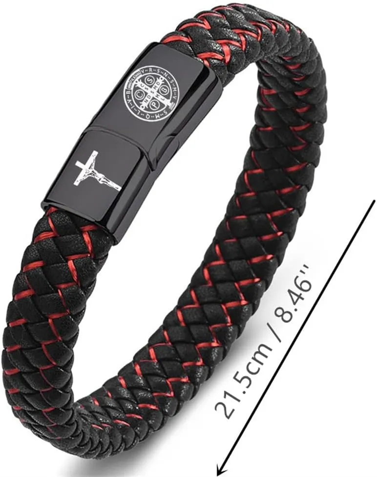 St. Benedict Cross Exorcism Bracelet Stainless Steel Crucifix Cuff Roman Catholic Leather Wristband Bangle Protection Amulet Jewelry Gift for Him, 8.46''