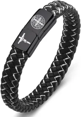 St. Benedict Cross Exorcism Bracelet Stainless Steel Crucifix Cuff Roman Catholic Leather Wristband Bangle Protection Amulet Jewelry Gift for Him, 8.46''