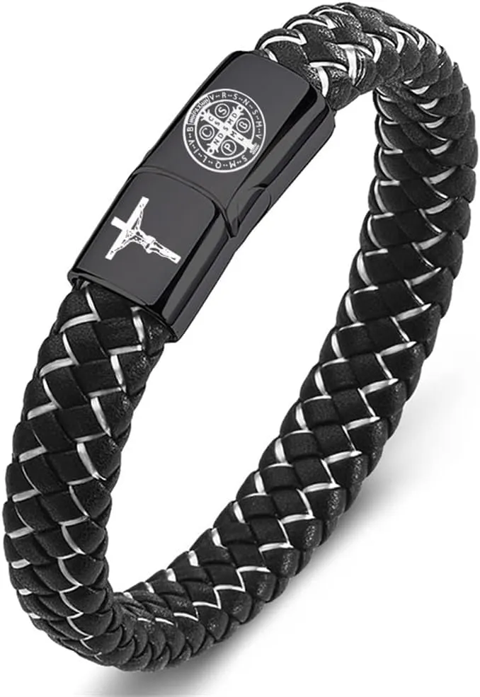 St. Benedict Cross Exorcism Bracelet Stainless Steel Crucifix Cuff Roman Catholic Leather Wristband Bangle Protection Amulet Jewelry Gift for Him, 8.46''