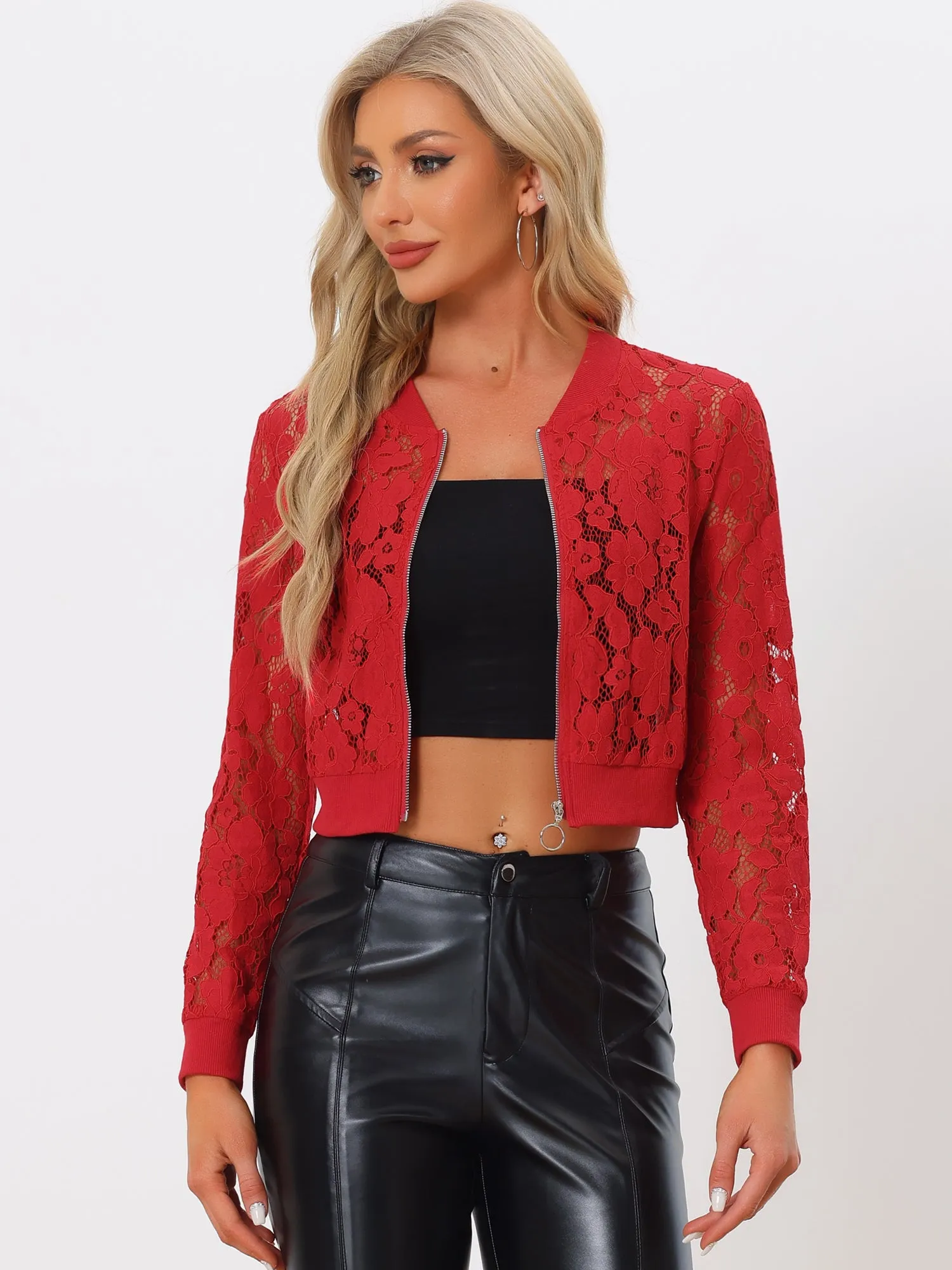 Stand Collar Zip Up Mesh Sheer Lace Crop Bomber Jacket