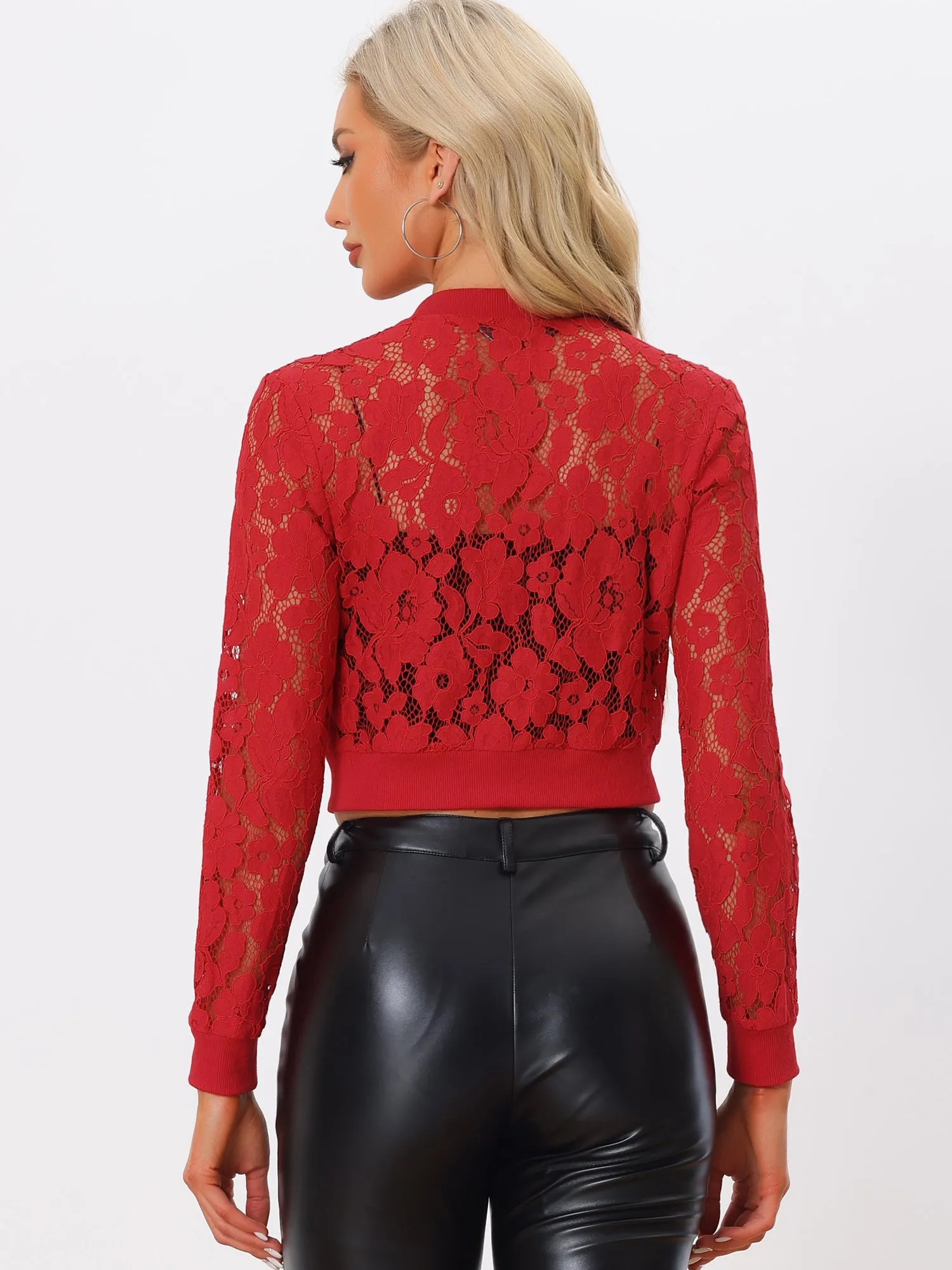 Stand Collar Zip Up Mesh Sheer Lace Crop Bomber Jacket