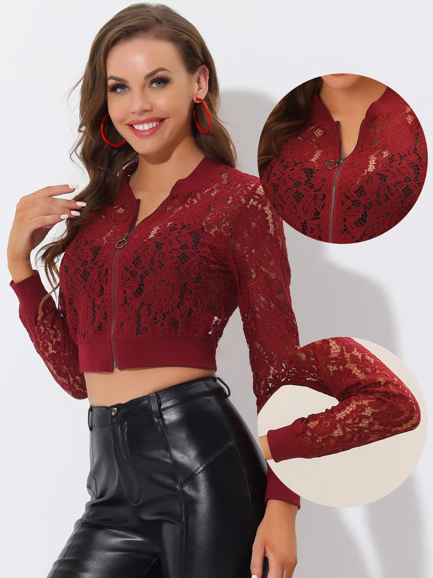 Stand Collar Zip Up Mesh Sheer Lace Crop Bomber Jacket