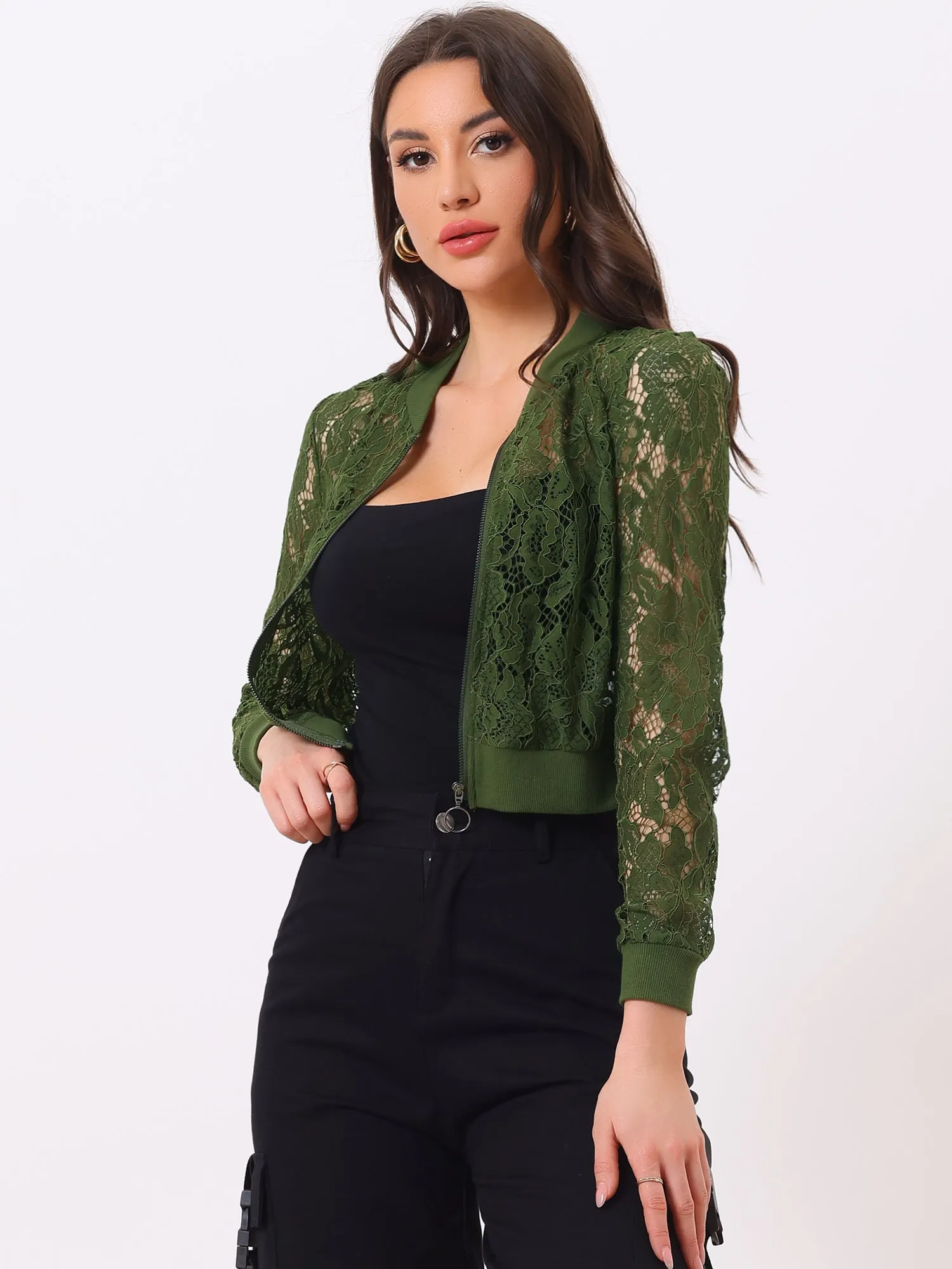 Stand Collar Zip Up Mesh Sheer Lace Crop Bomber Jacket