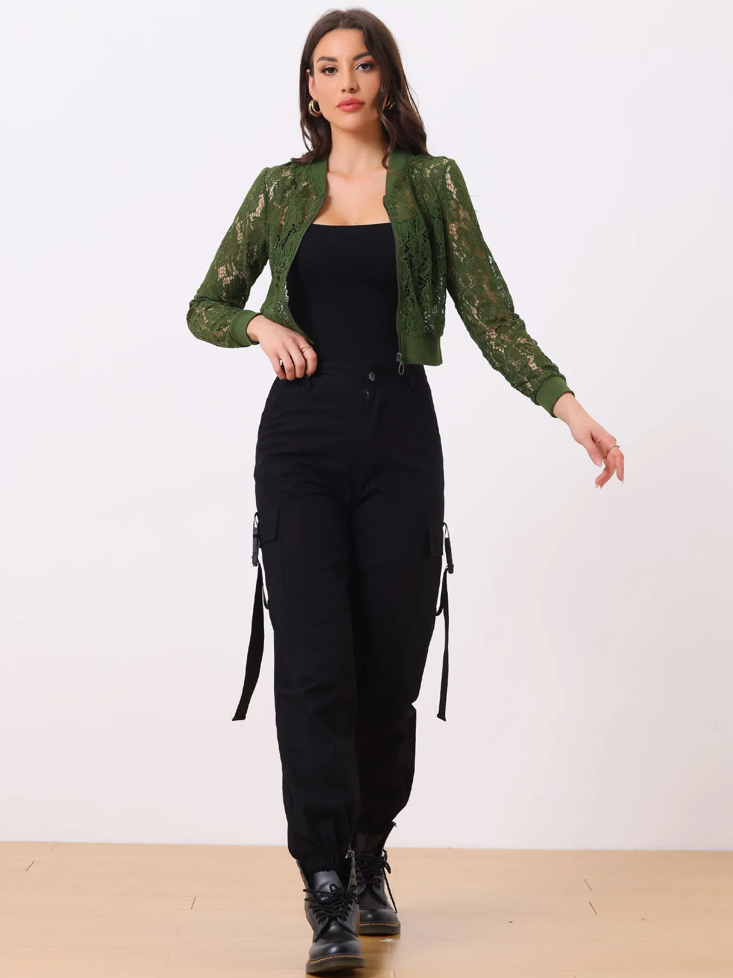 Stand Collar Zip Up Mesh Sheer Lace Crop Bomber Jacket