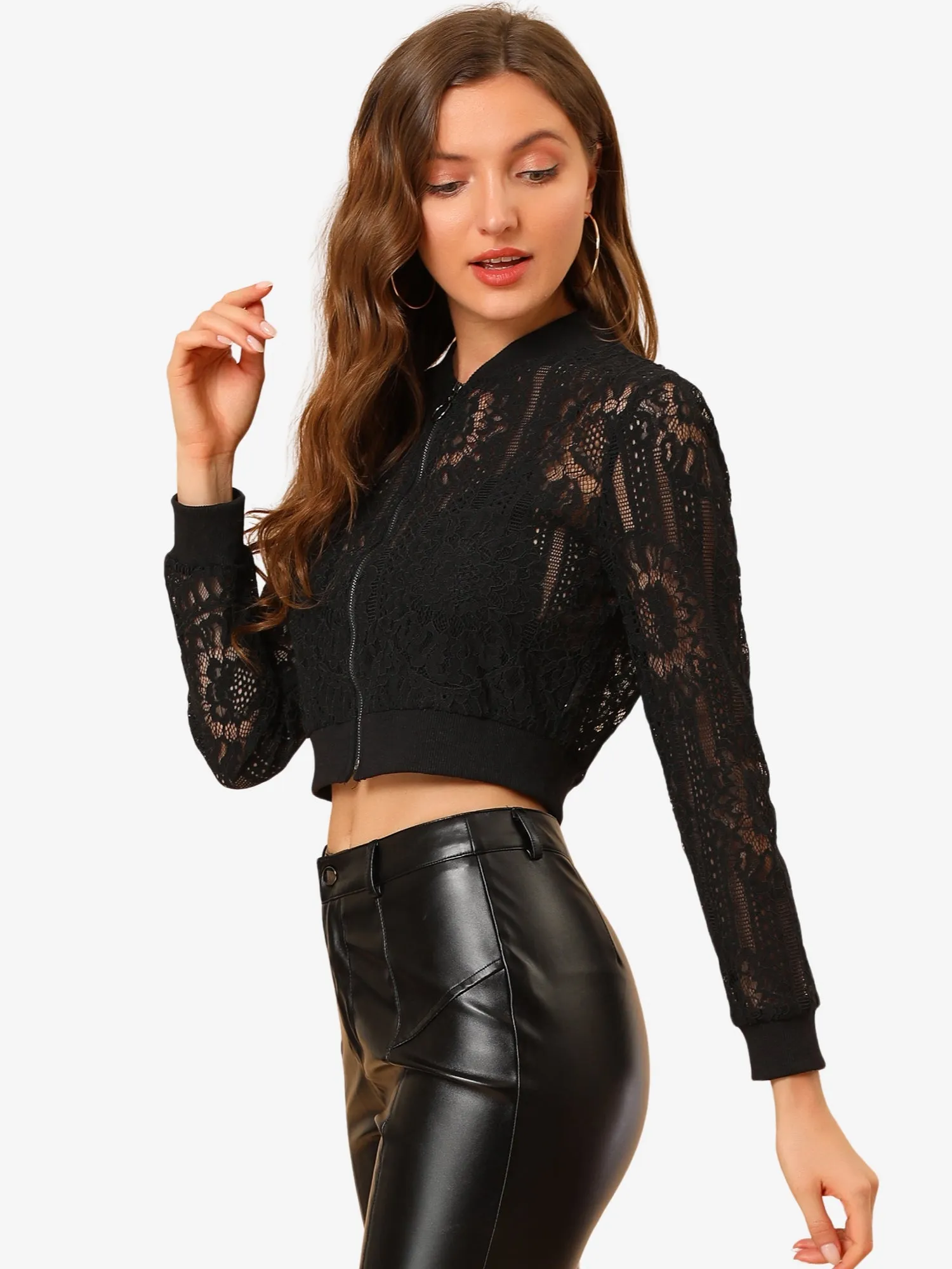Stand Collar Zip Up Mesh Sheer Lace Crop Bomber Jacket