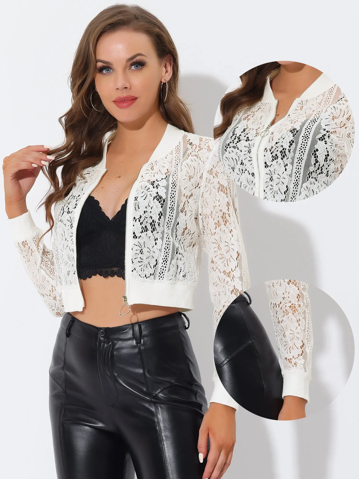 Stand Collar Zip Up Mesh Sheer Lace Crop Bomber Jacket