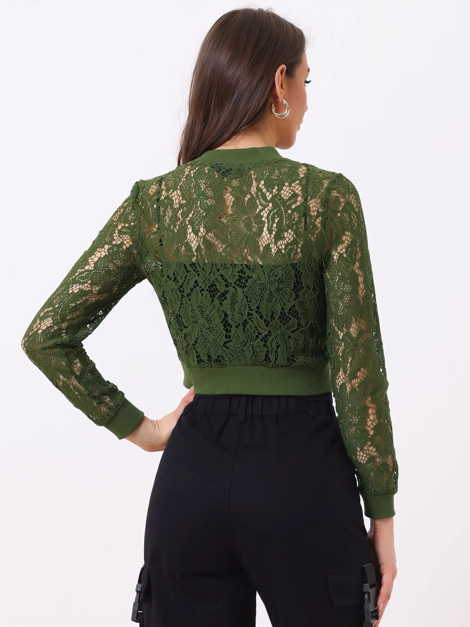 Stand Collar Zip Up Mesh Sheer Lace Crop Bomber Jacket