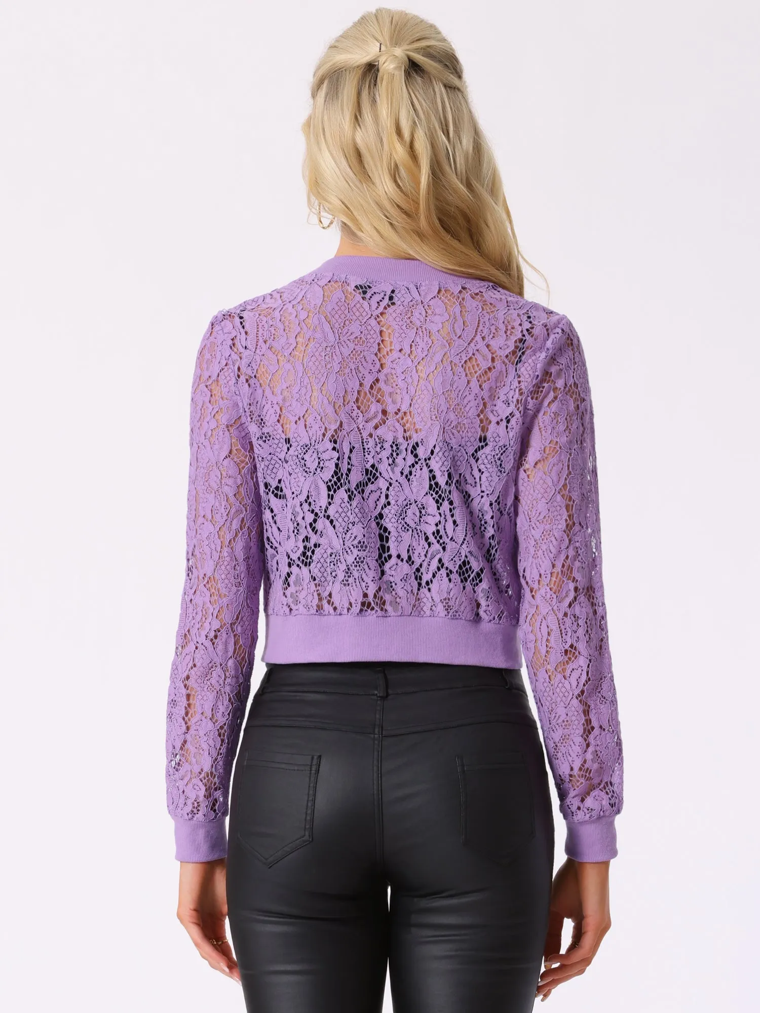Stand Collar Zip Up Mesh Sheer Lace Crop Bomber Jacket