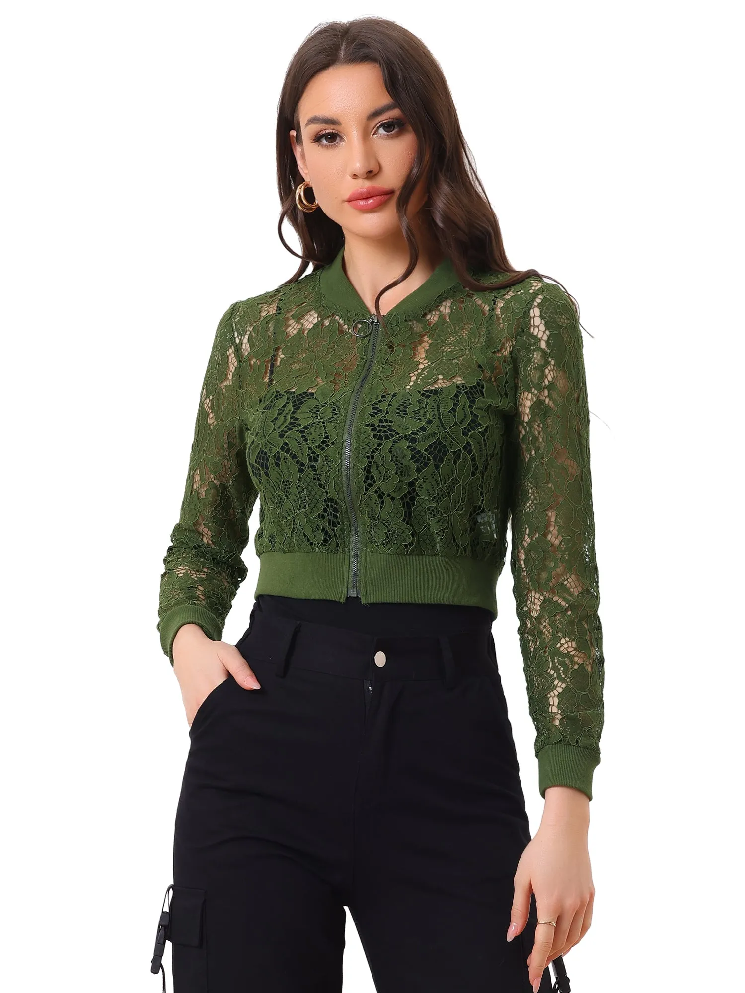 Stand Collar Zip Up Mesh Sheer Lace Crop Bomber Jacket