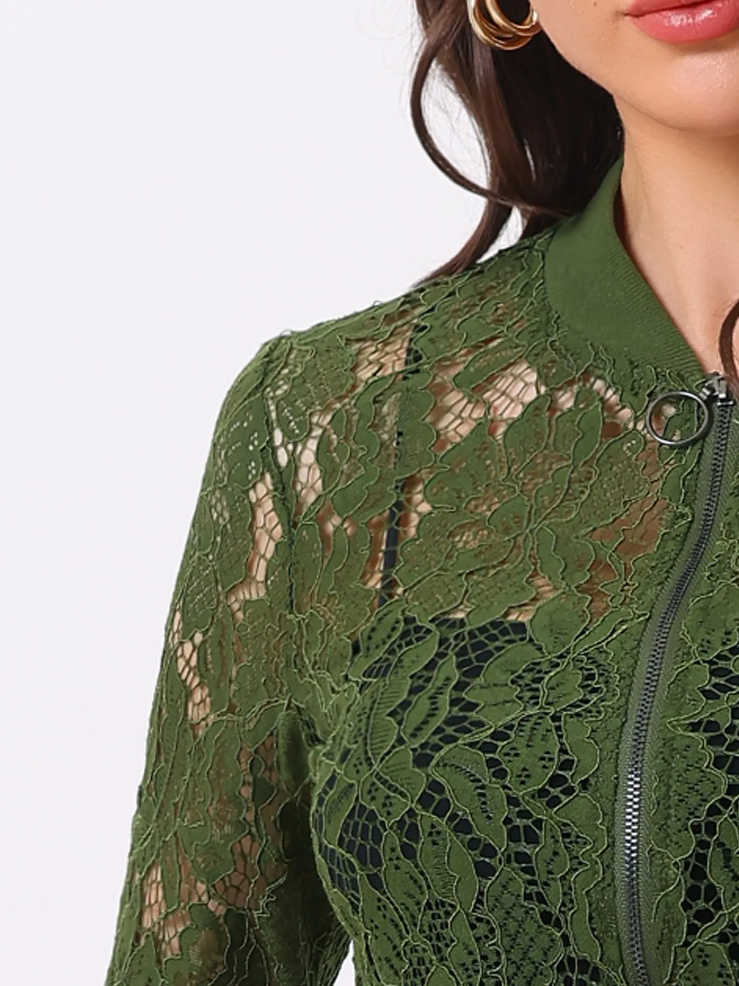 Stand Collar Zip Up Mesh Sheer Lace Crop Bomber Jacket