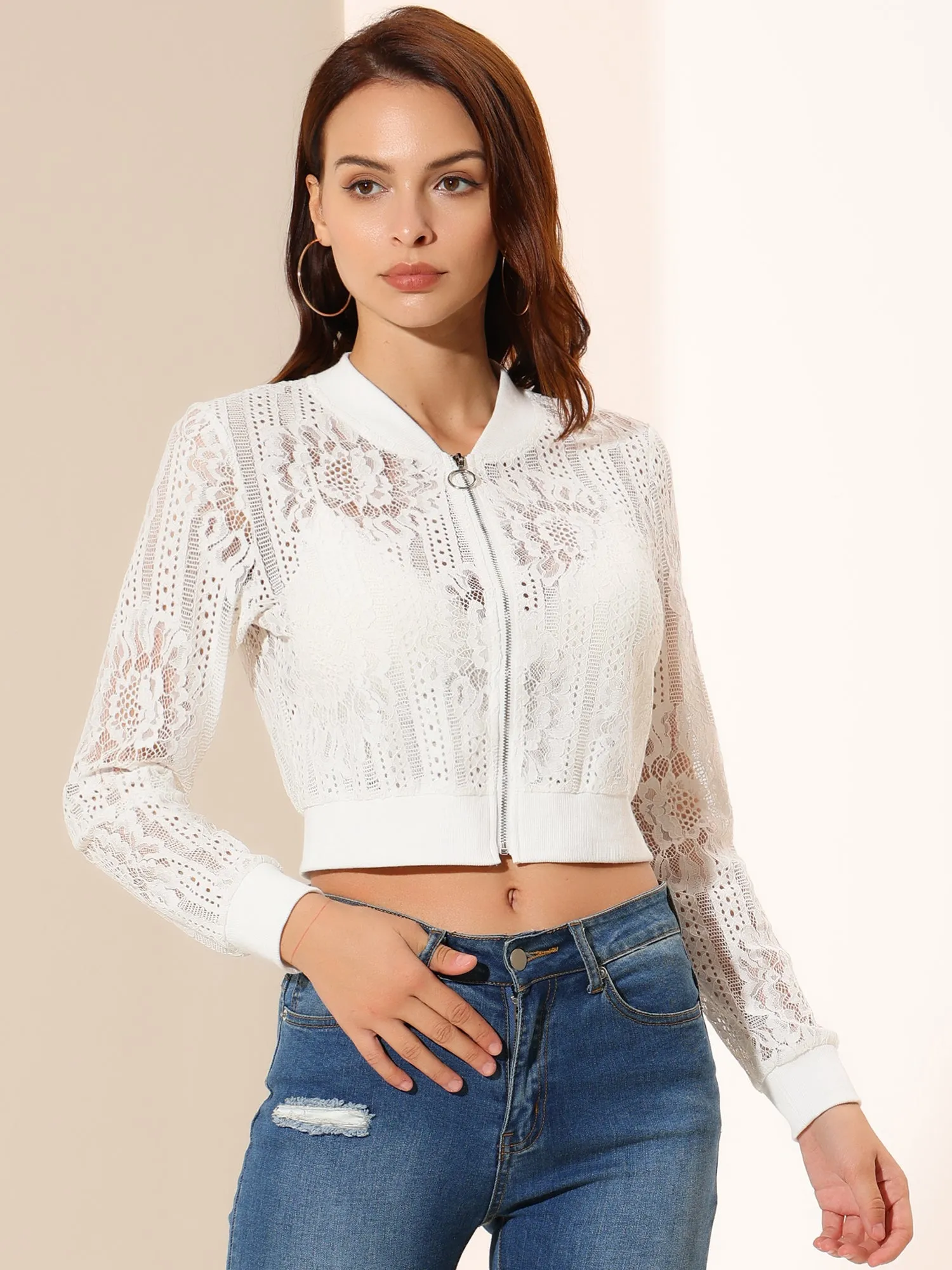 Stand Collar Zip Up Mesh Sheer Lace Crop Bomber Jacket