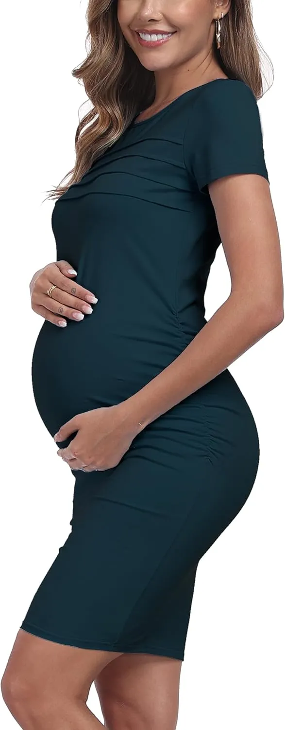 Summer Short Sleeve Maternity Dress Ruched Side Bodycon Causal Baby Shower Dresses