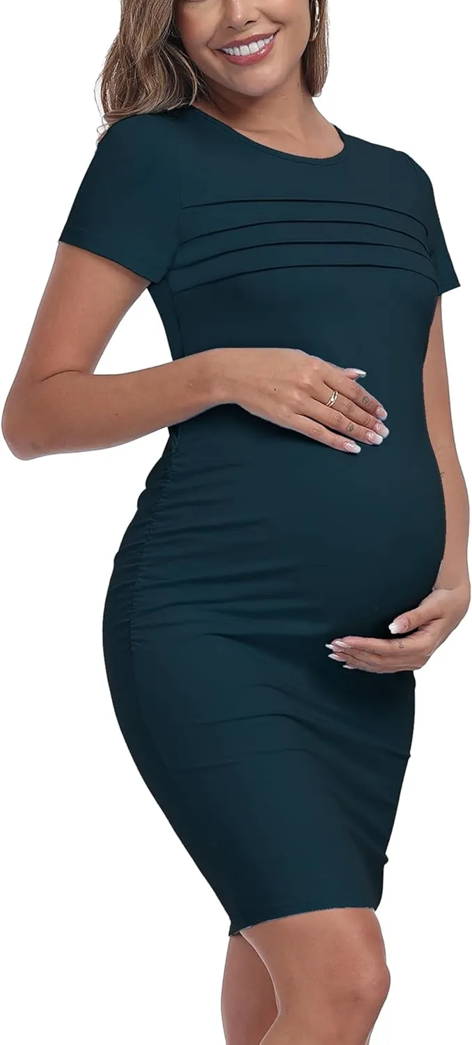 Summer Short Sleeve Maternity Dress Ruched Side Bodycon Causal Baby Shower Dresses