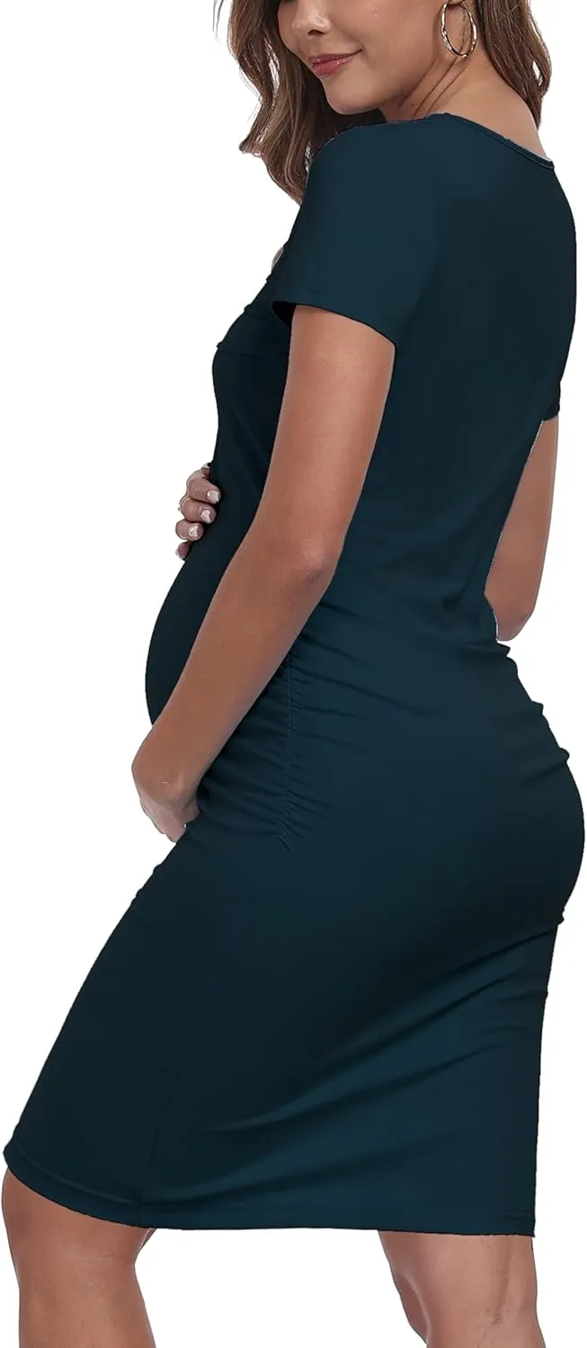 Summer Short Sleeve Maternity Dress Ruched Side Bodycon Causal Baby Shower Dresses