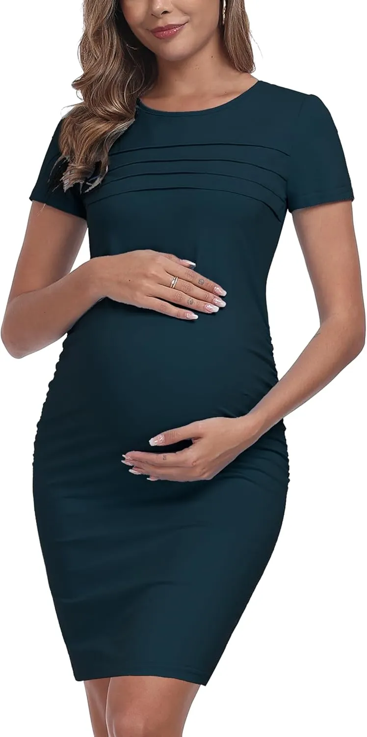 Summer Short Sleeve Maternity Dress Ruched Side Bodycon Causal Baby Shower Dresses