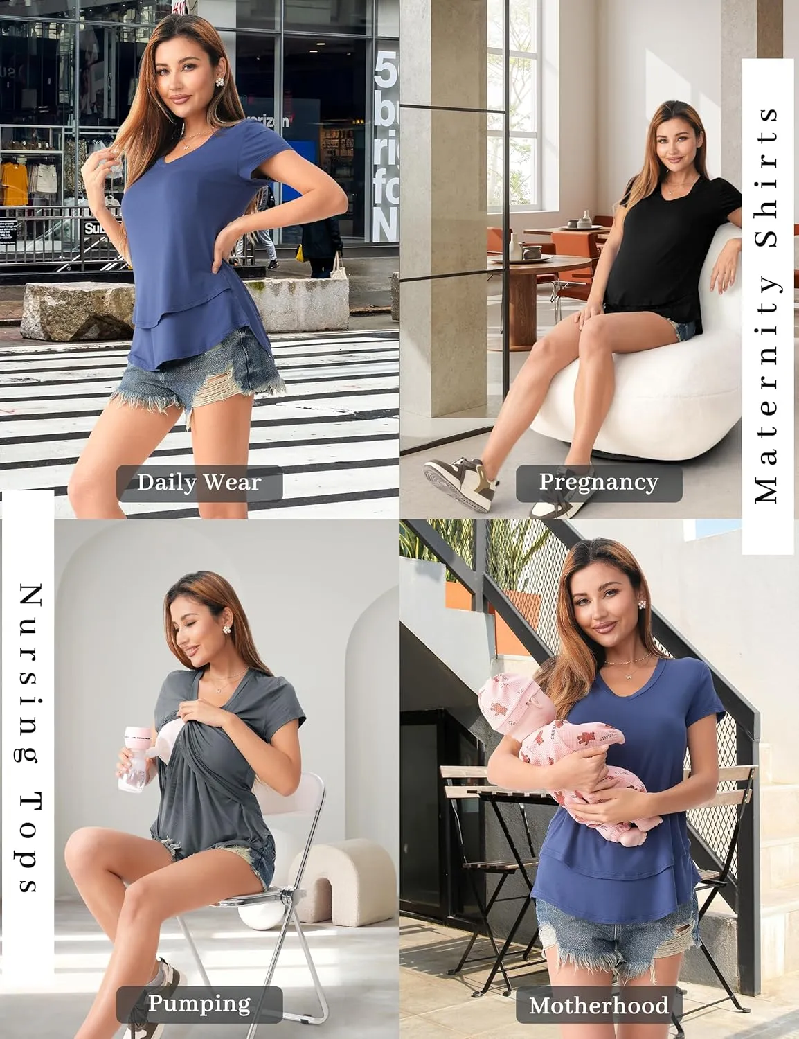SUNNYBUY 3 Pack Hidden Nursing Tops for Breastfeeding Women Double Layer V Neck Maternity Shirts Postpartum Tee