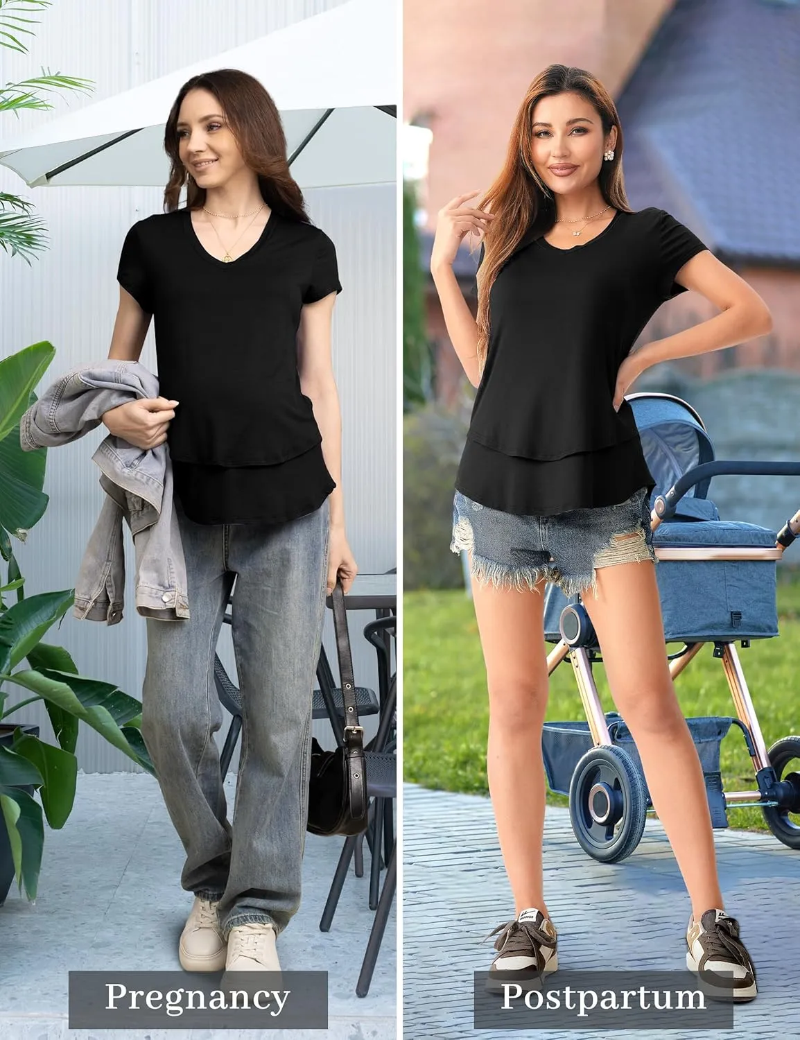 SUNNYBUY 3 Pack Hidden Nursing Tops for Breastfeeding Women Double Layer V Neck Maternity Shirts Postpartum Tee