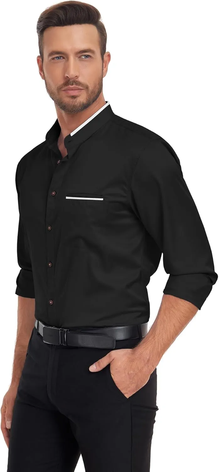 SWISSWELL Mandarin Collar Dress Shirt for Men Clergy Shirt Collarless Button Down Business Casual Shirts