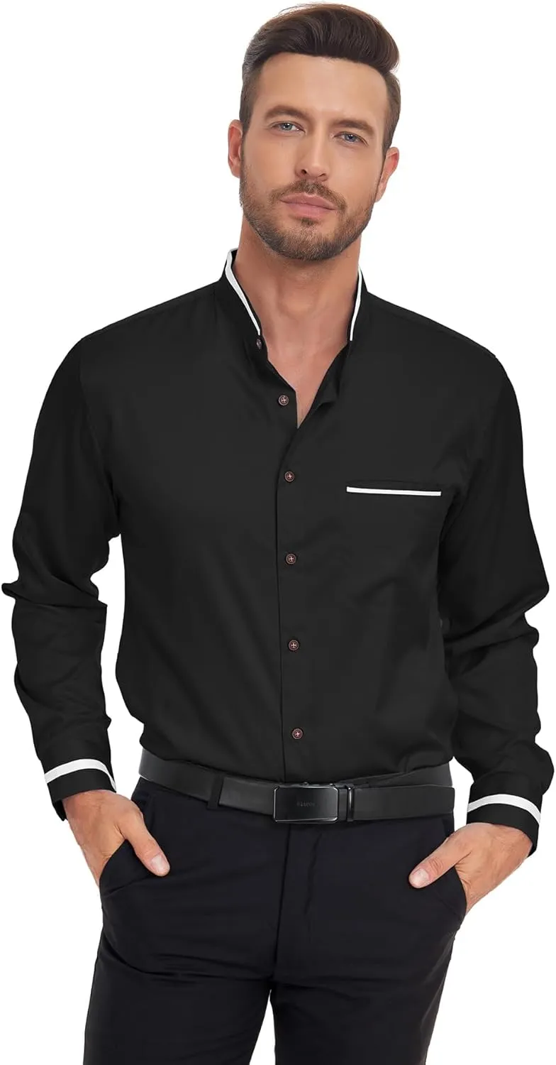 SWISSWELL Mandarin Collar Dress Shirt for Men Clergy Shirt Collarless Button Down Business Casual Shirts