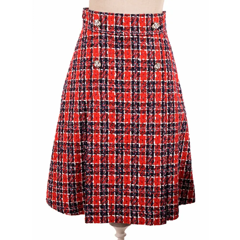 sz 40 NEW $1500 GUCCI Red Blue TWEED A-Line Pleated FELINE BUTTONS FALL SKIRT XS