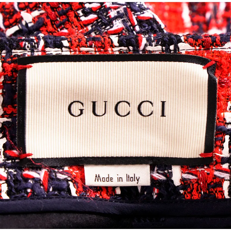 sz 40 NEW $1500 GUCCI Red Blue TWEED A-Line Pleated FELINE BUTTONS FALL SKIRT XS