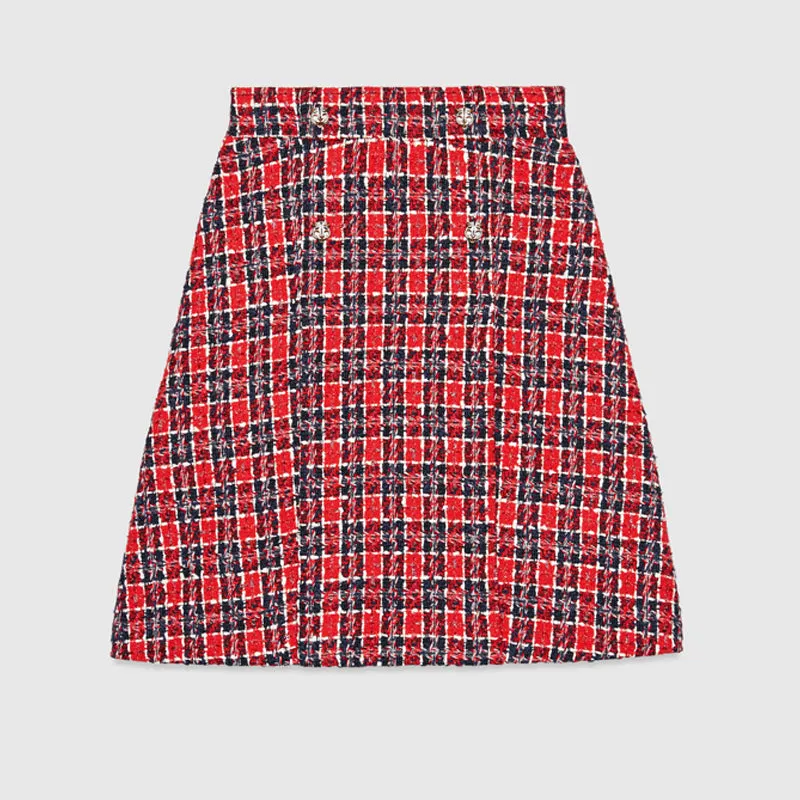 sz 40 NEW $1500 GUCCI Red Blue TWEED A-Line Pleated FELINE BUTTONS FALL SKIRT XS