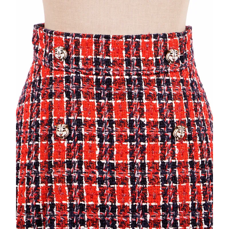 sz 40 NEW $1500 GUCCI Red Blue TWEED A-Line Pleated FELINE BUTTONS FALL SKIRT XS