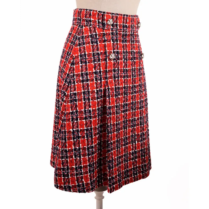 sz 40 NEW $1500 GUCCI Red Blue TWEED A-Line Pleated FELINE BUTTONS FALL SKIRT XS