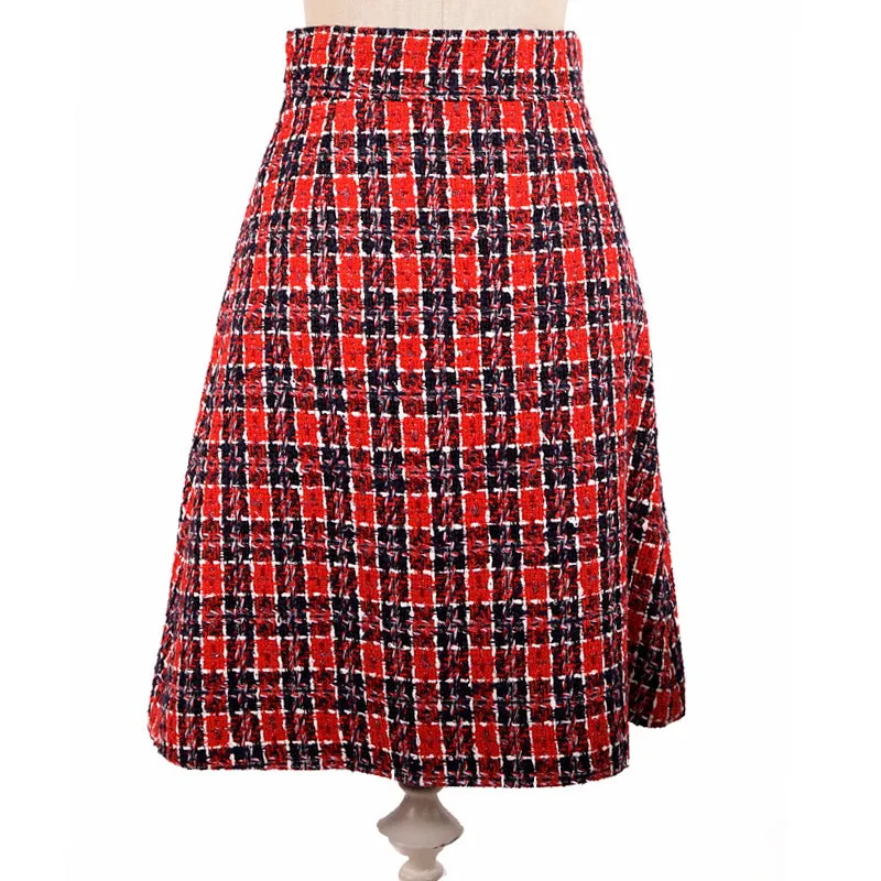 sz 40 NEW $1500 GUCCI Red Blue TWEED A-Line Pleated FELINE BUTTONS FALL SKIRT XS