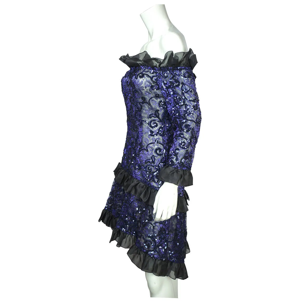 Vintage 1980s Yves Saint Laurent Violet Blue Sequin Lace Party Dress Size M