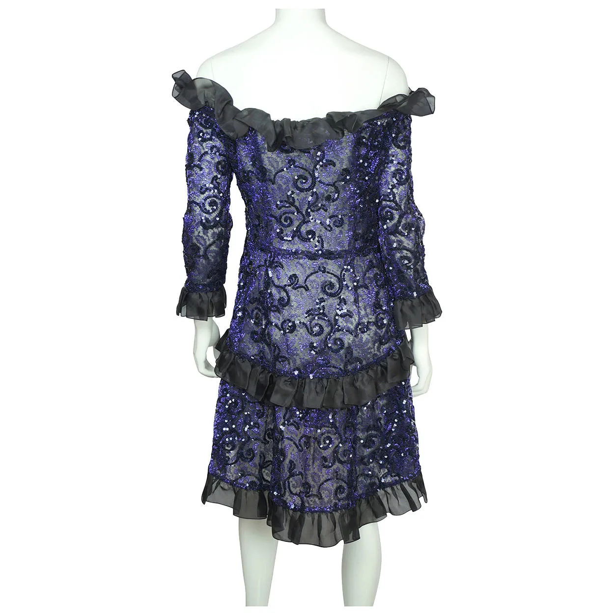Vintage 1980s Yves Saint Laurent Violet Blue Sequin Lace Party Dress Size M