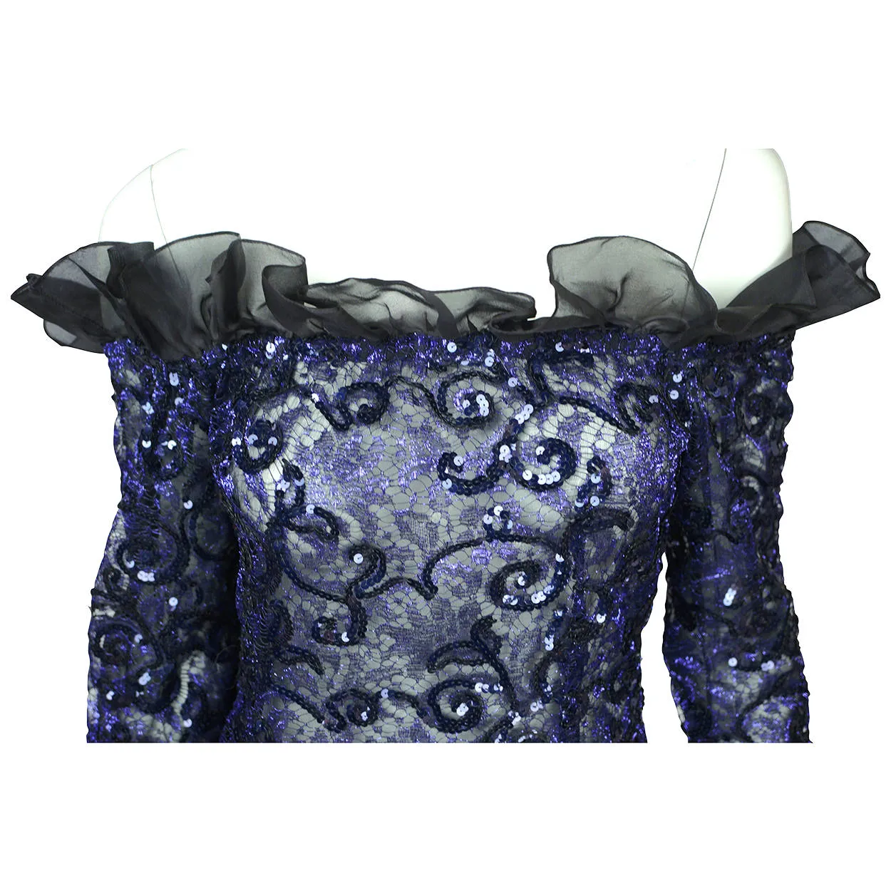 Vintage 1980s Yves Saint Laurent Violet Blue Sequin Lace Party Dress Size M