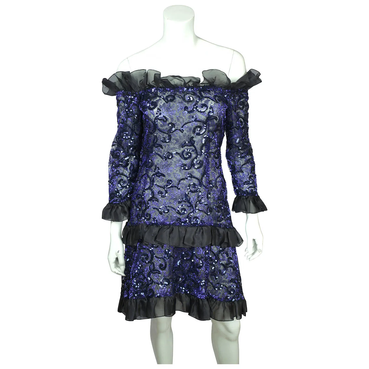 Vintage 1980s Yves Saint Laurent Violet Blue Sequin Lace Party Dress Size M