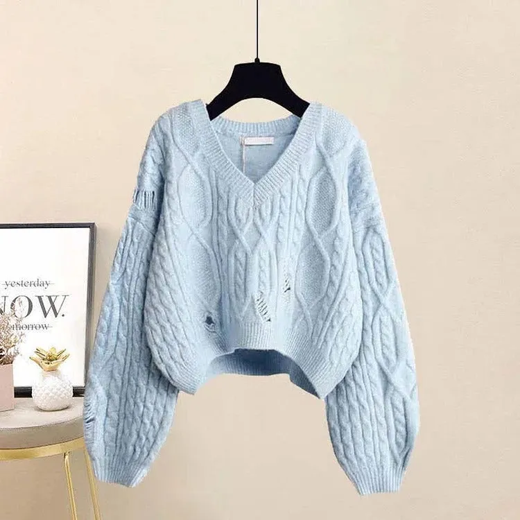 Vintage V-Neck Cross Knit Sweater Fishtail Skirt Two Piece Set