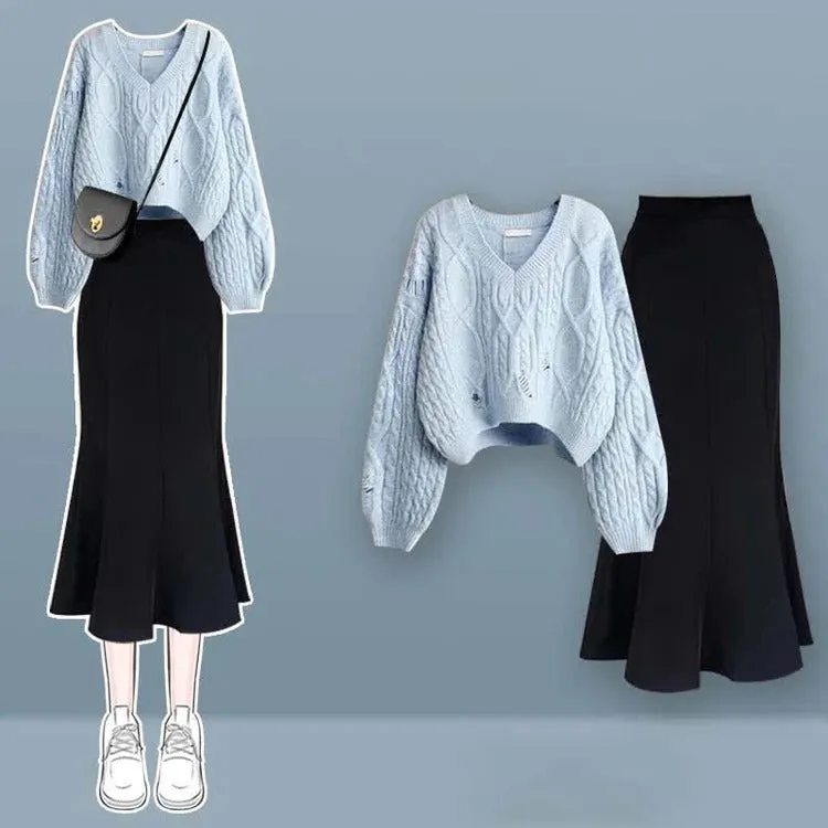 Vintage V-Neck Cross Knit Sweater Fishtail Skirt Two Piece Set