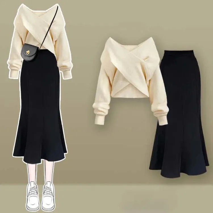 Vintage V-Neck Cross Knit Sweater Fishtail Skirt Two Piece Set