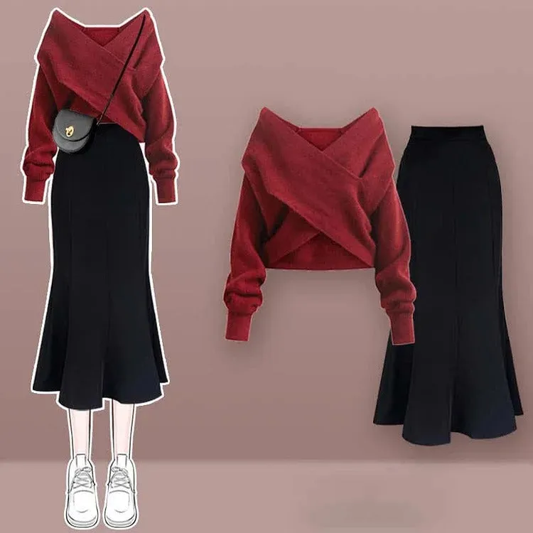 Vintage V-Neck Cross Knit Sweater Fishtail Skirt Two Piece Set