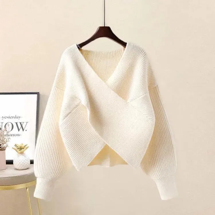 Vintage V-Neck Cross Knit Sweater Fishtail Skirt Two Piece Set