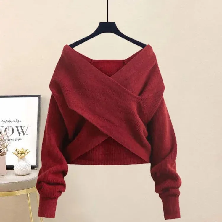 Vintage V-Neck Cross Knit Sweater Fishtail Skirt Two Piece Set